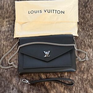 Traded Louis Vuitton MyLockMe Pochette Black Leather Clutch with Silver Chain